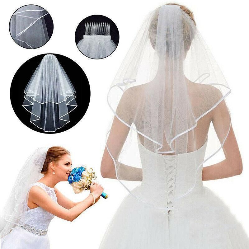 Bridal 2 Layer Wedding Veil with Comb Satin Edge Short Tulle for Women White Ivory - White V528-BRIDALWEDDING-WHITE-930311
