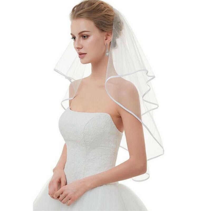 Bridal 2 Layer Wedding Veil with Comb Satin Edge Short Tulle for Women White Ivory - White V528-BRIDALWEDDING-WHITE-930311
