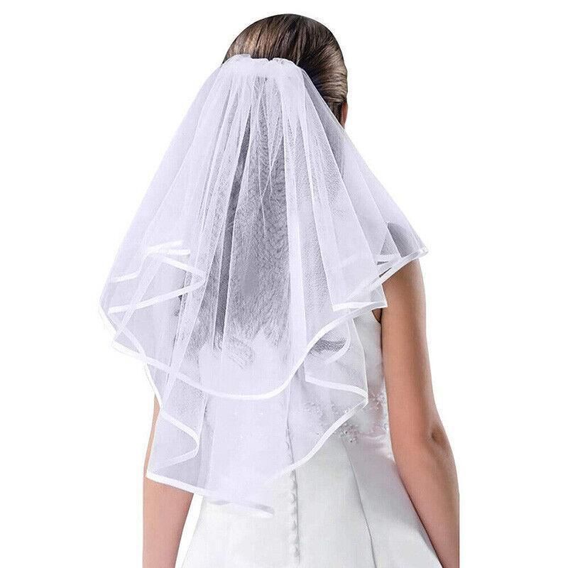 Bridal 2 Layer Wedding Veil with Comb Satin Edge Short Tulle for Women White Ivory - White V528-BRIDALWEDDING-WHITE-930311