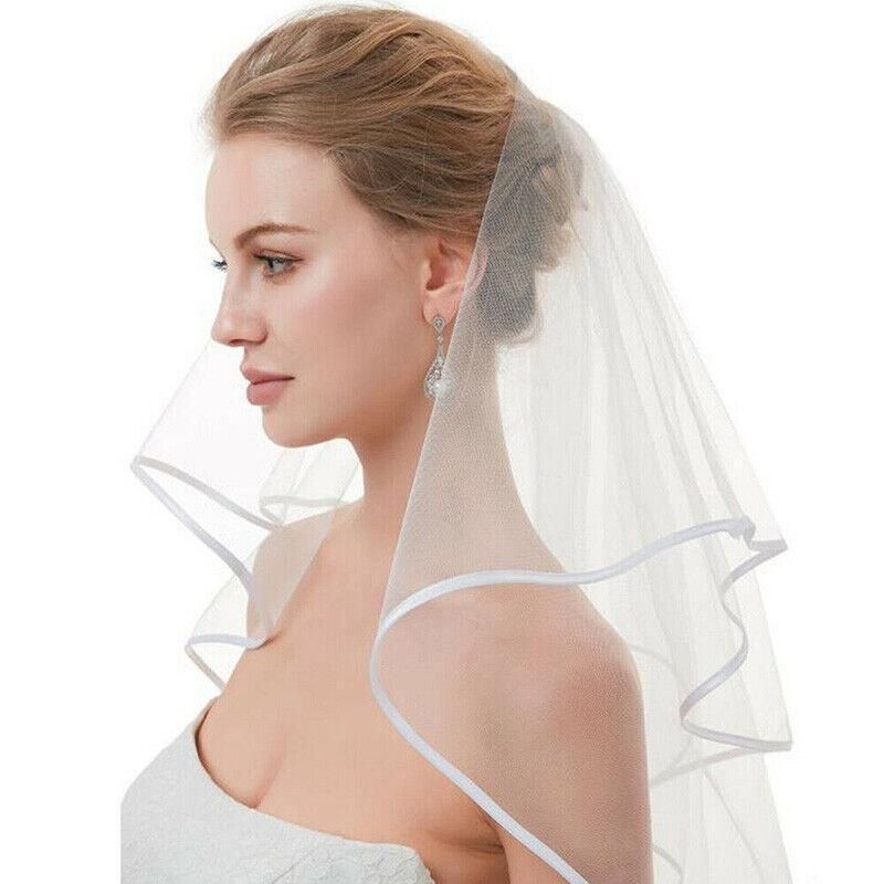 Bridal 2 Layer Wedding Veil with Comb Satin Edge Short Tulle for Women White Ivory - White V528-BRIDALWEDDING-WHITE-930311
