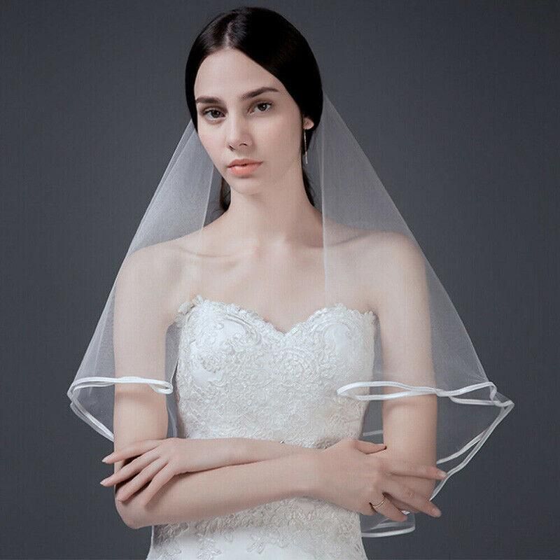 Bridal 2 Layer Wedding Veil with Comb Satin Edge Short Tulle for Women White Ivory - White V528-BRIDALWEDDING-WHITE-930311