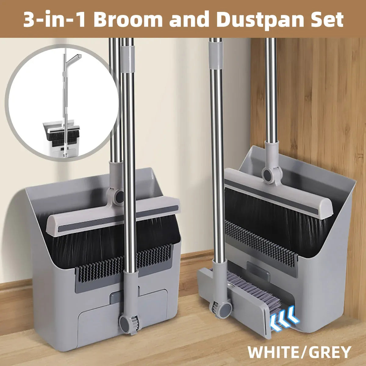 3 in1 Broom Set for Winnowing Brushing Handheld Cleaning Tool Home Kitchen Floor - Grey V528-BROOM-GREY-297531