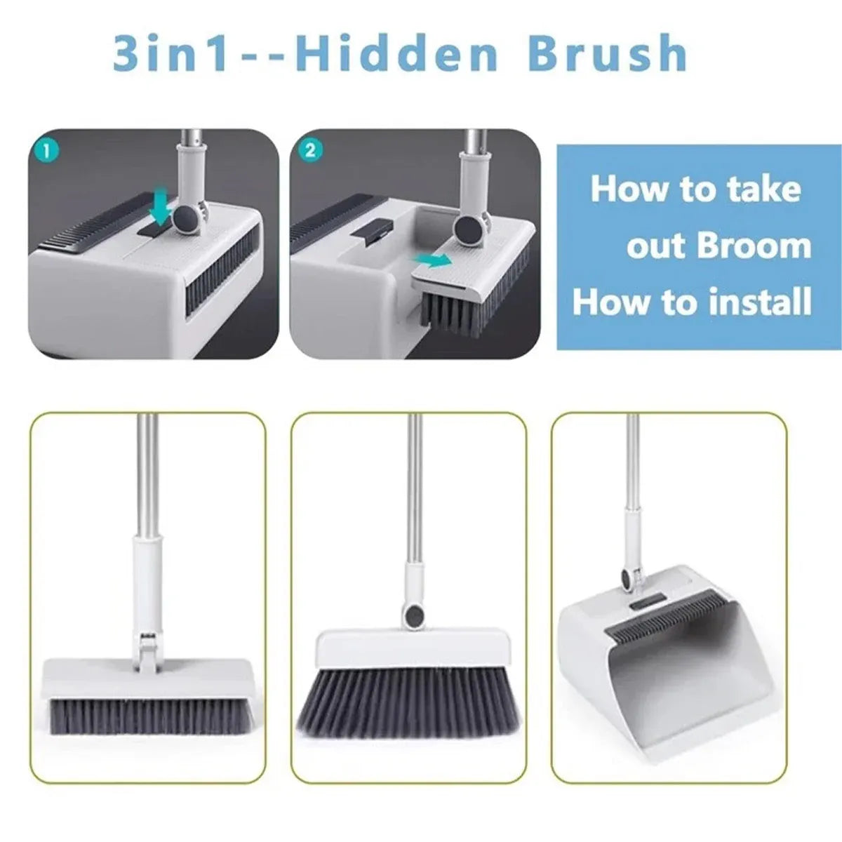 3 in1 Broom Set for Winnowing Brushing Handheld Cleaning Tool Home Kitchen Floor - Grey V528-BROOM-GREY-297531