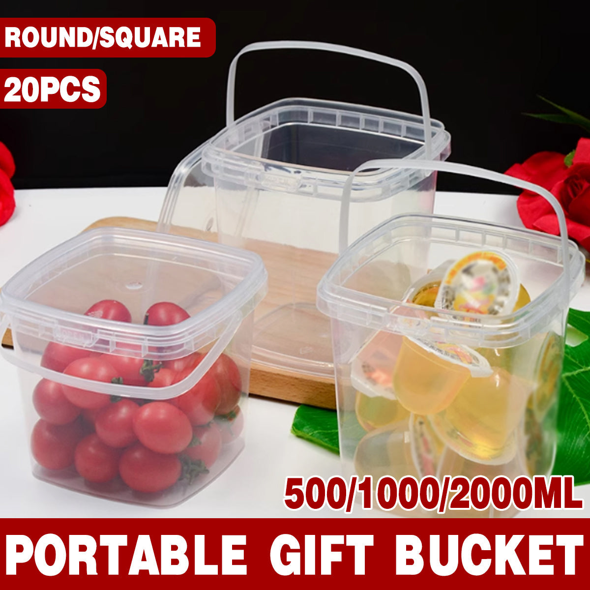 20pcs Plastic Round Bucket with Lid Transparent Portable Storage Gift Container - Round 1000ml V528-BUCKET-20PCS-1L-898855
