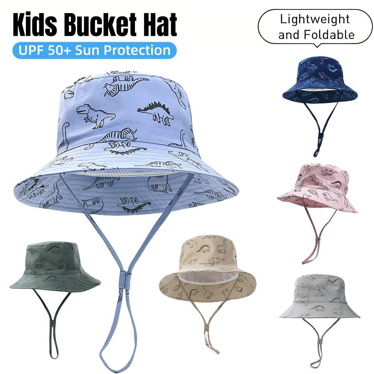 Cartoon Dinosaur Bucket Hat with Wide Brim for Summer Sun Protection - Khaki V528-BUCKET-HAT-KQ-867451
