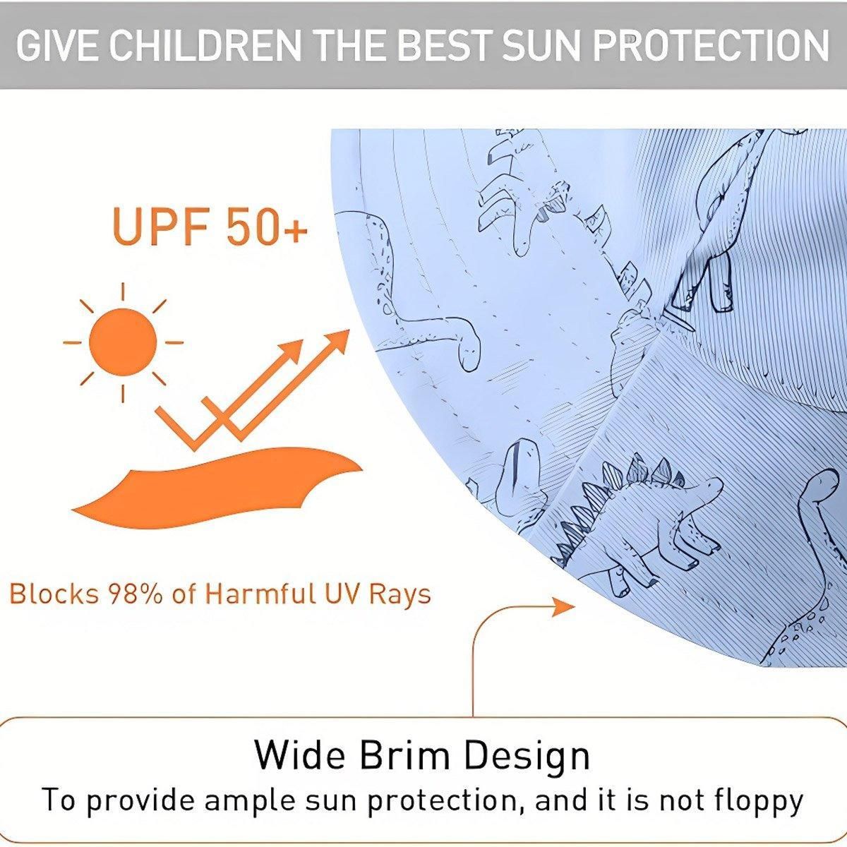 Cartoon Dinosaur Bucket Hat with Wide Brim for Summer Sun Protection - Khaki V528-BUCKET-HAT-KQ-867451