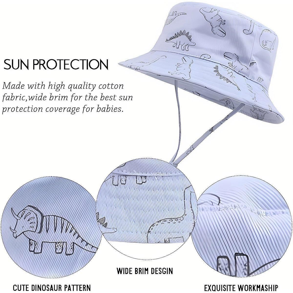 Cartoon Dinosaur Bucket Hat with Wide Brim for Summer Sun Protection - Khaki V528-BUCKET-HAT-KQ-867451