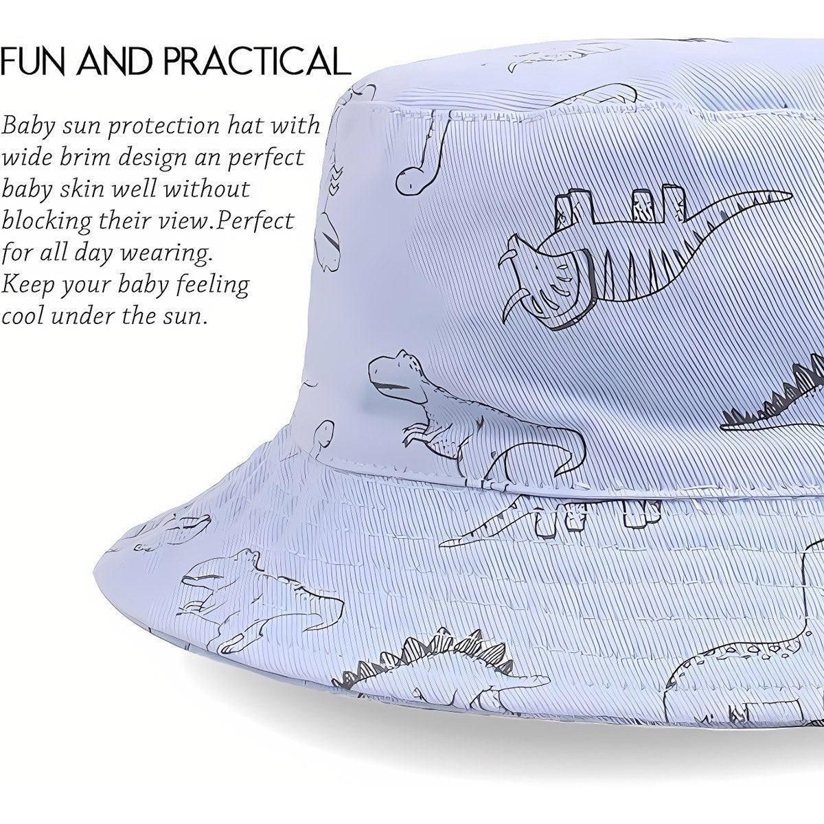 Cartoon Dinosaur Bucket Hat with Wide Brim for Summer Sun Protection - Khaki V528-BUCKET-HAT-KQ-867451