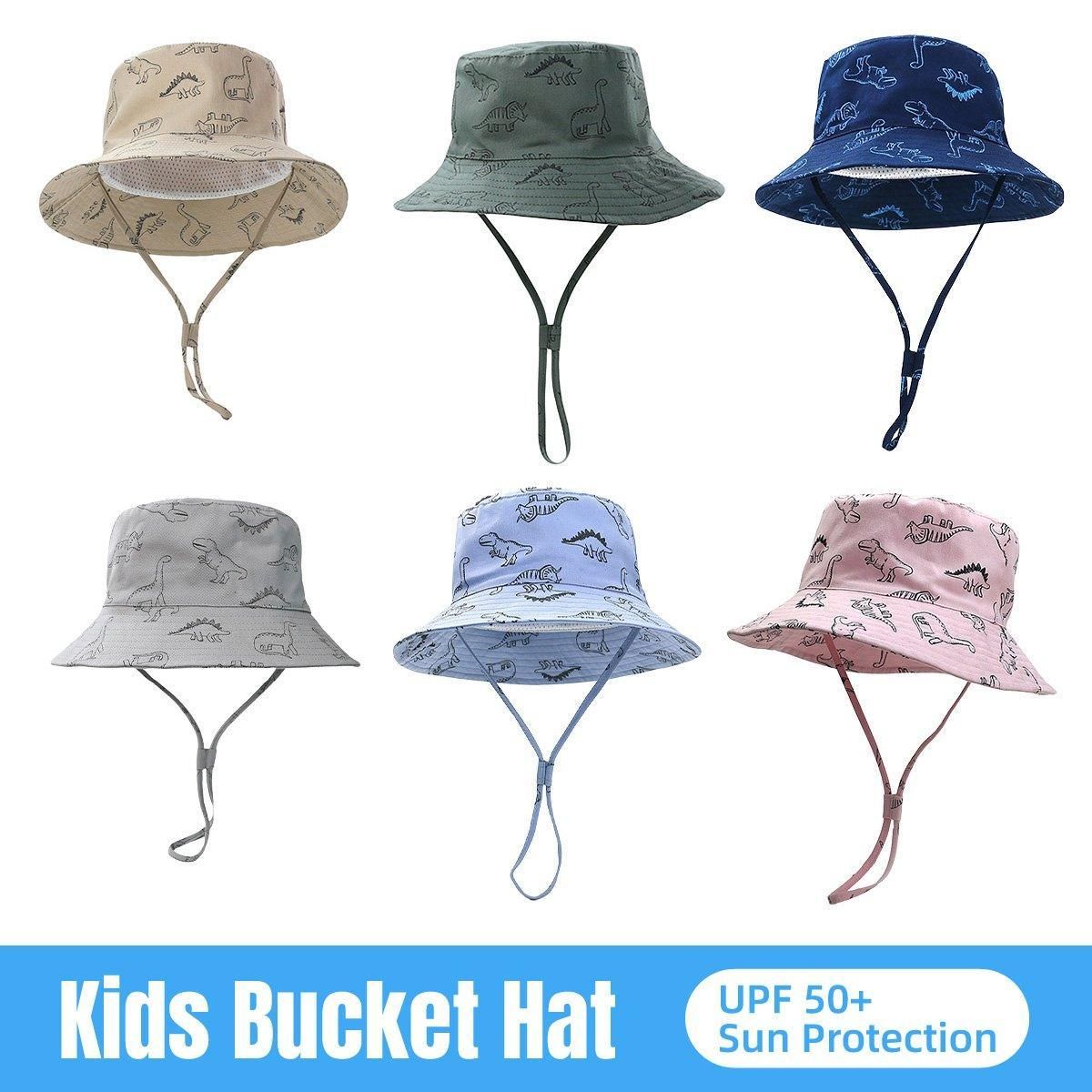 Cartoon Dinosaur Bucket Hat with Wide Brim for Summer Sun Protection - Khaki V528-BUCKET-HAT-KQ-867451