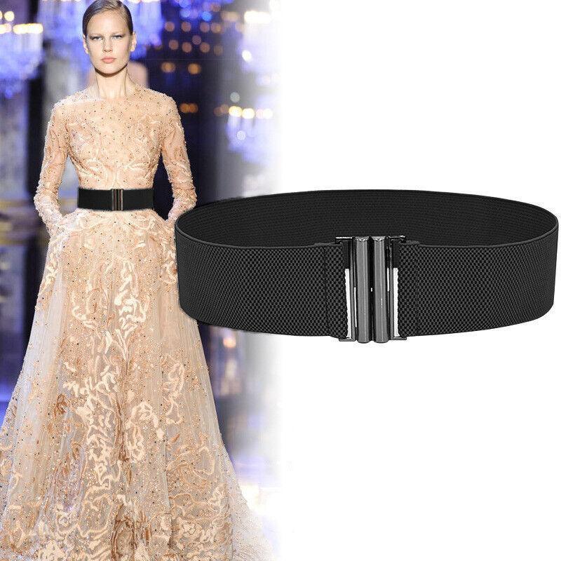 Women Elastic Waist Belt Stretch Cinch Wide Band with Metal Buckle for Dress 3Colours - White V528-BUCKLECINCH-WHITE-109906
