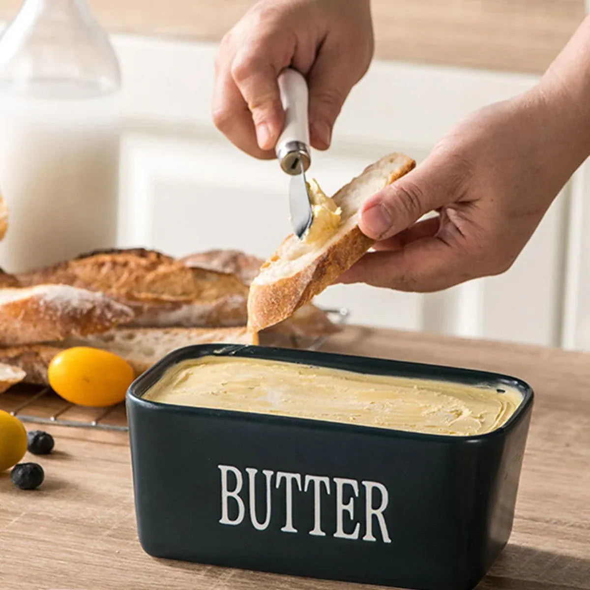 Butter Box with Knife Rectangular Cheese Container with Wooden Lid for Kitchen - Green V528-BUTTER-BOX-GREEN-357922