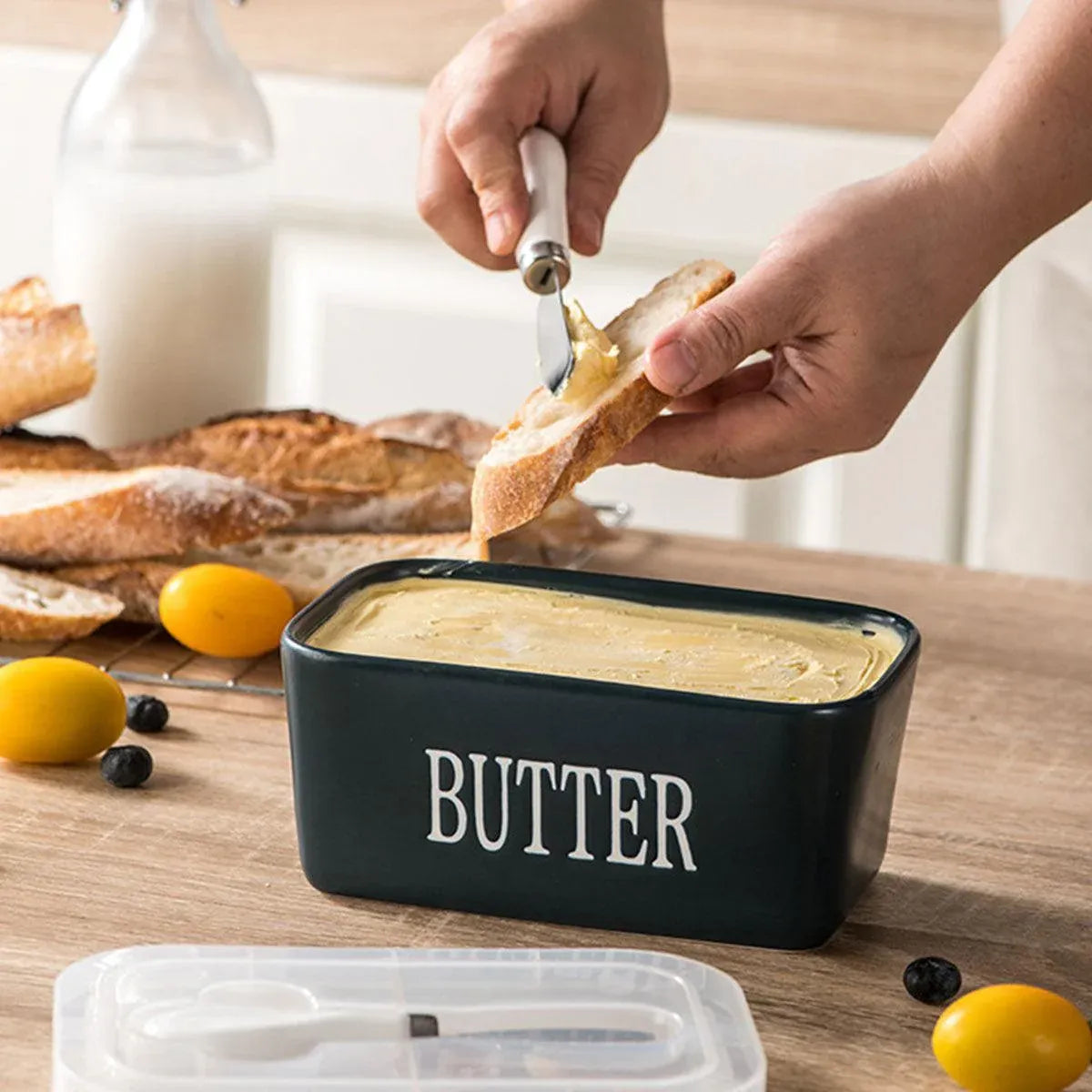 Butter Box with Knife Rectangular Cheese Container with Wooden Lid for Kitchen - Green V528-BUTTER-BOX-GREEN-357922