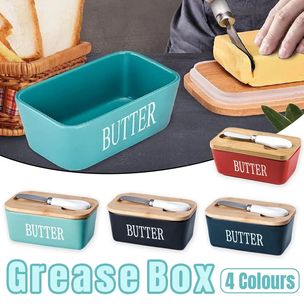 Butter Box with Knife Rectangular Cheese Container with Wooden Lid for Kitchen - Red V528-BUTTER-BOX-RED-213301