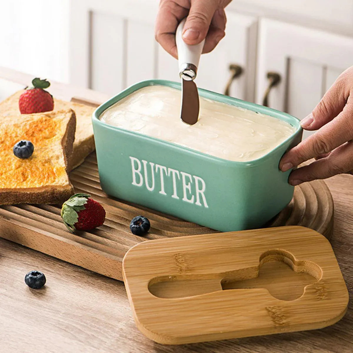 Butter Box with Knife Rectangular Cheese Container with Wooden Lid for Kitchen - Red V528-BUTTER-BOX-RED-213301