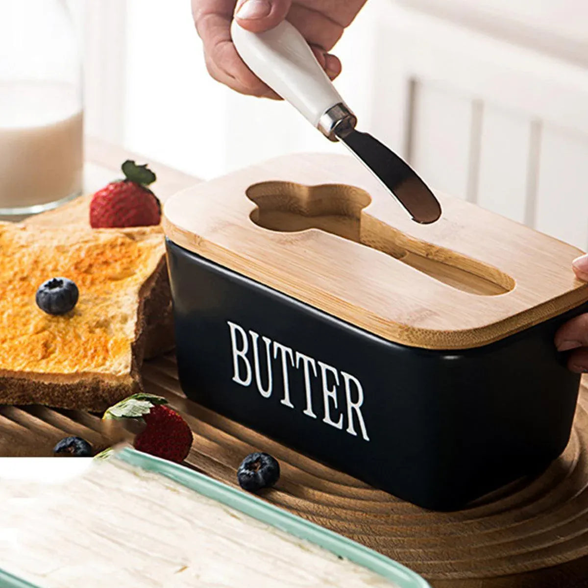 Butter Box with Knife Rectangular Cheese Container with Wooden Lid for Kitchen - Blue V528-BUTTER-BOX-ROYAL-BLUE-445640