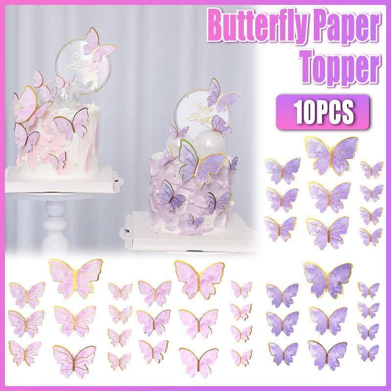 10Pcs Butterfly Paper Toppers Happy Birthday Cake & Festival Theme Decor - Pink Phnom Penh V528-BUTTERFLY-PINKEDGE-990051