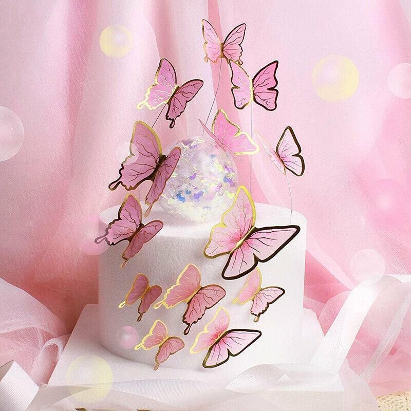 10Pcs Butterfly Paper Toppers Happy Birthday Cake & Festival Theme Decor - Pink Phnom Penh V528-BUTTERFLY-PINKEDGE-990051