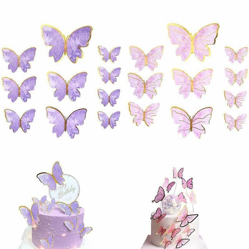 10Pcs Butterfly Paper Toppers Happy Birthday Cake & Festival Theme Decor - Purple Stripe V528-BUTTERFLY-PURPLESTRIPE-674880