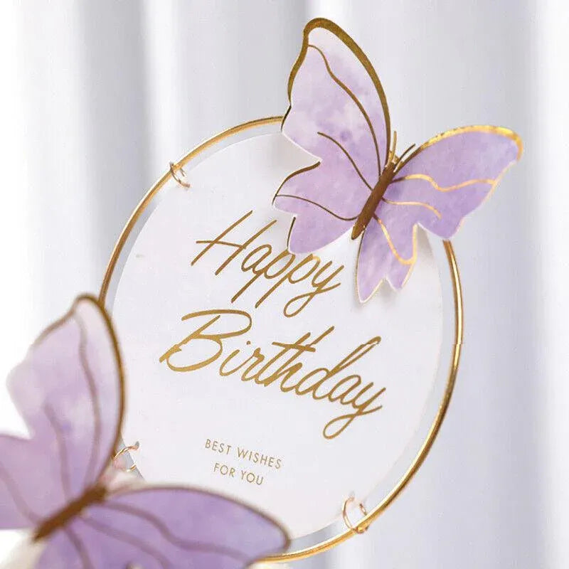 10Pcs Butterfly Paper Toppers Happy Birthday Cake & Festival Theme Decor - Purple Stripe V528-BUTTERFLY-PURPLESTRIPE-674880