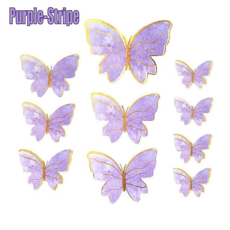 10Pcs Butterfly Paper Toppers Happy Birthday Cake & Festival Theme Decor - Purple Stripe V528-BUTTERFLY-PURPLESTRIPE-674880