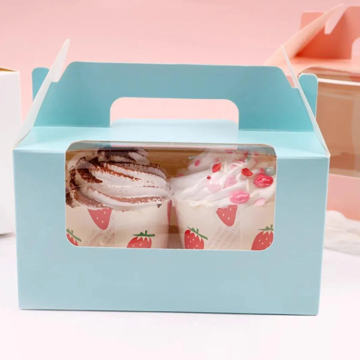 25pcs Portable Cupcake Packaging Box with Transparent Window for Easy Opening - Blue-2Cup V528-CAKE-BOX-BLUE-25PCS-2-390392