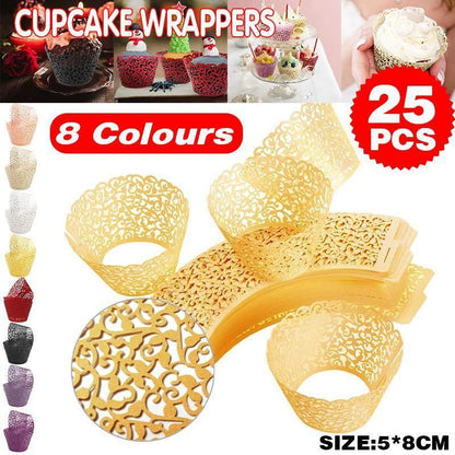 25pcs Laser Cut Cupcake Wrappers Wedding Party Baking Decorations in 8 Colours - Black V528-CAKECUP-BLACK-25PCS-41851