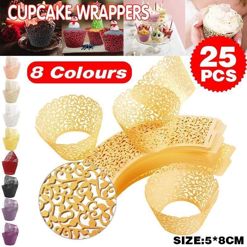 25pcs Laser Cut Cupcake Wrappers Wedding Party Baking Decorations in 8 Colours - Yellow V528-CAKECUP-GOLD-25PCS-74969