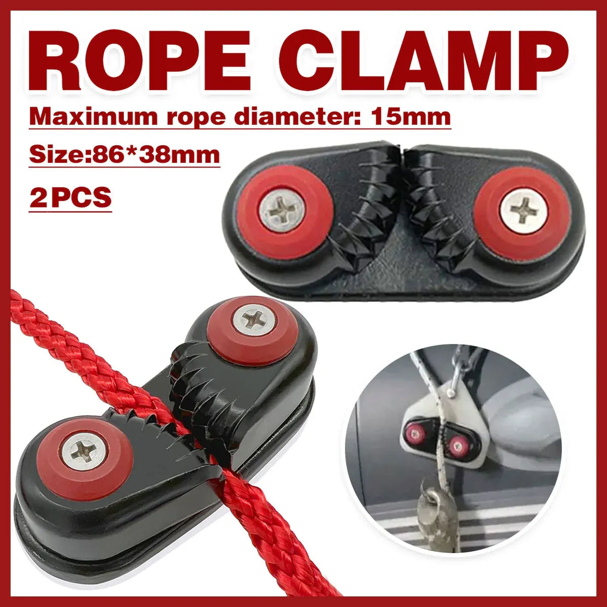Rope Clamp Set 2PCS Aluminum Alloy Black Clip Plate Sailboat Kayak Canoe Outdoor V528-CAM-CLEATS-2PC-744757