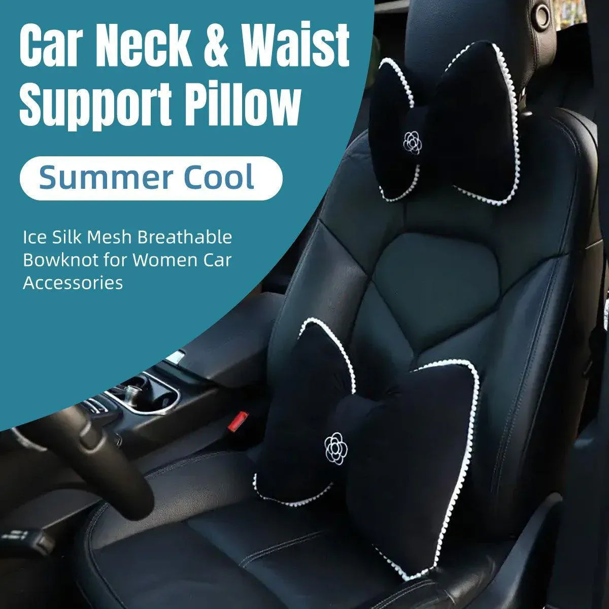 Black Bowknot Neck Pillow Plush Bow Tie Soft Plush Car Headrest Waist Support - Headrest V528-CAMELLIA-HEADREST-943564