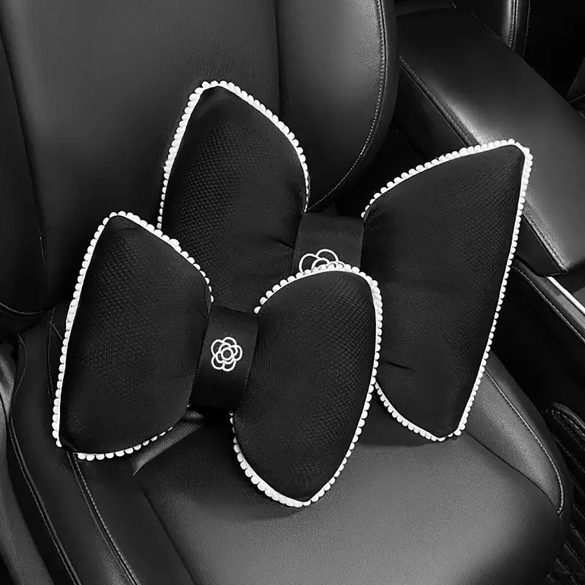 Black Bowknot Neck Pillow Plush Bow Tie Soft Plush Car Headrest Waist Support - Headrest V528-CAMELLIA-HEADREST-943564