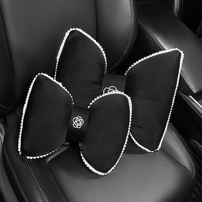 Black Bowknot Neck Pillow Plush Bow Tie Soft Plush Car Headrest Waist Support - Headrest V528-CAMELLIA-HEADREST-943564