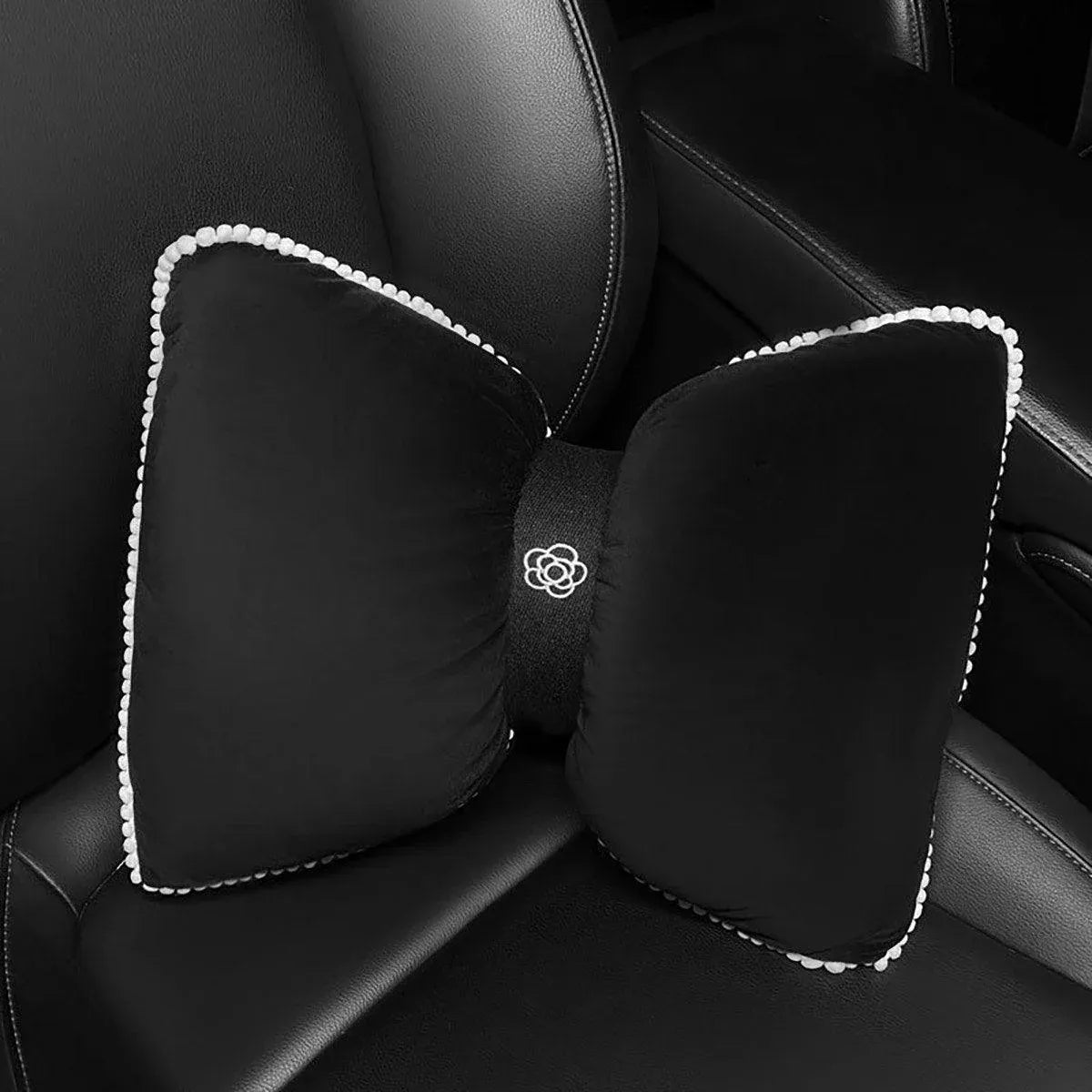 Black Bowknot Neck Pillow Plush Bow Tie Soft Plush Car Headrest Waist Support - Headrest V528-CAMELLIA-HEADREST-943564