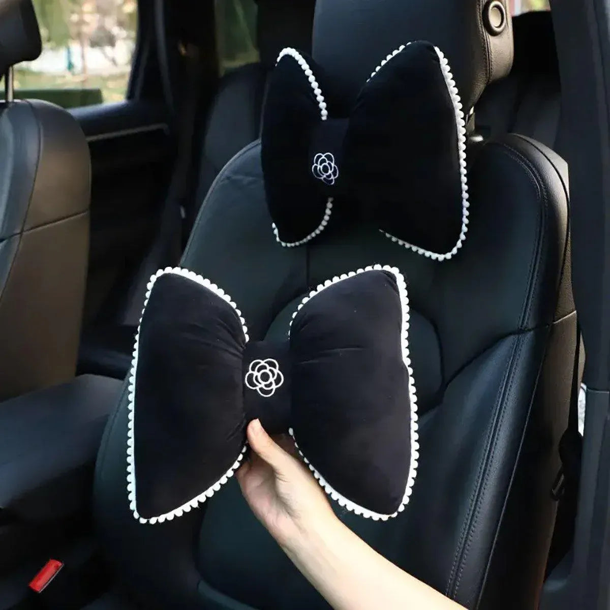 Black Bowknot Neck Pillow Plush Bow Tie Soft Plush Car Headrest Waist Support - Headrest V528-CAMELLIA-HEADREST-943564