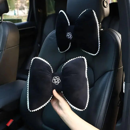 Black Bowknot Neck Pillow Plush Bow Tie Soft Plush Car Headrest Waist Support - Headrest V528-CAMELLIA-HEADREST-943564