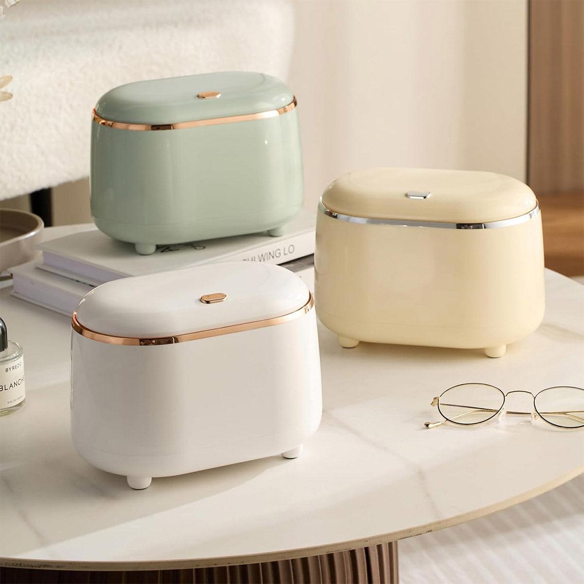 Small Desktop Trash Can Oval Pop Up Lid Rubbish Bin Waste Organizer Container - Beige V528-CAN-BEIGE-954237