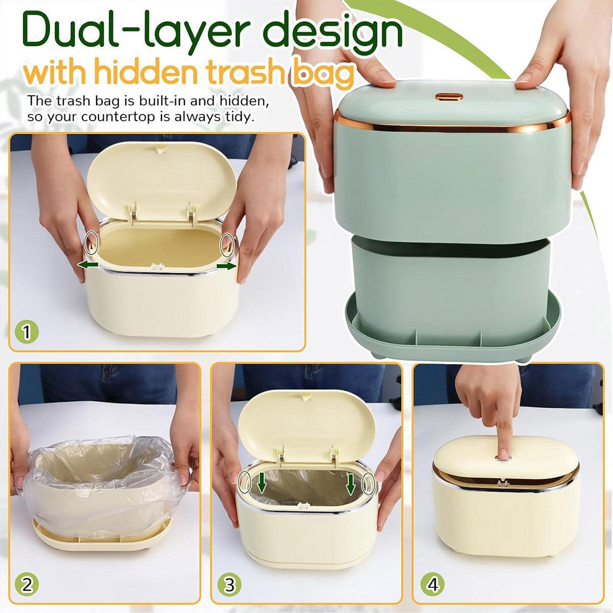 Small Desktop Trash Can Oval Pop Up Lid Rubbish Bin Waste Organizer Container - Beige V528-CAN-BEIGE-954237