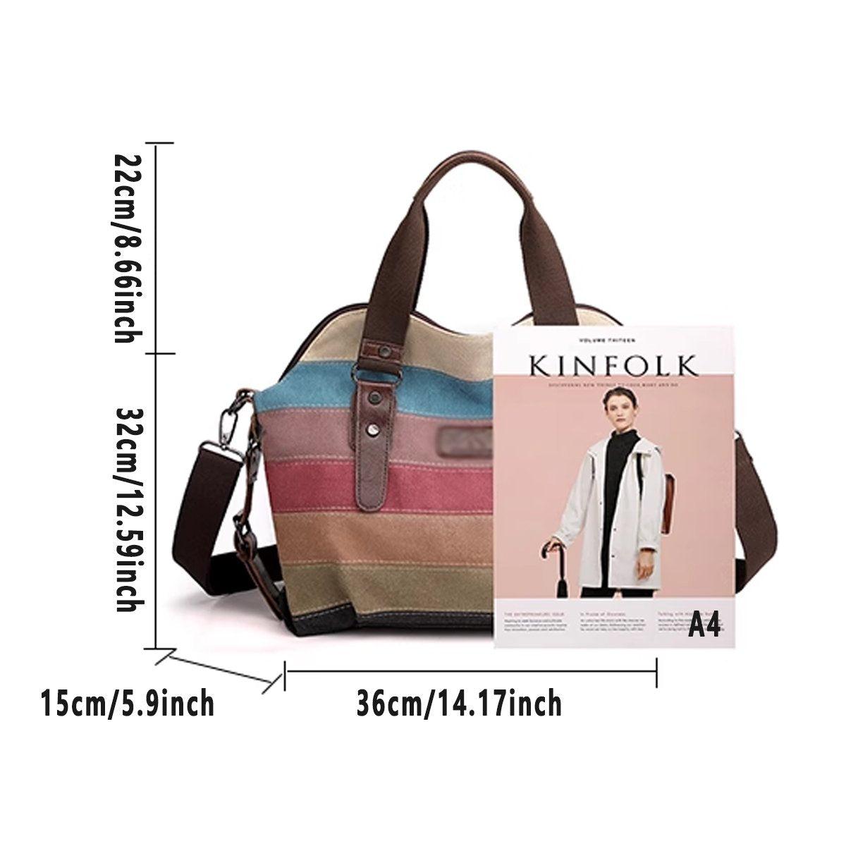 Rainbow Stripe Canvas Bag Patchwork Tote Bag Fashion Handbag Women Shoulder Bag V528-CANVAS-BAG-305884