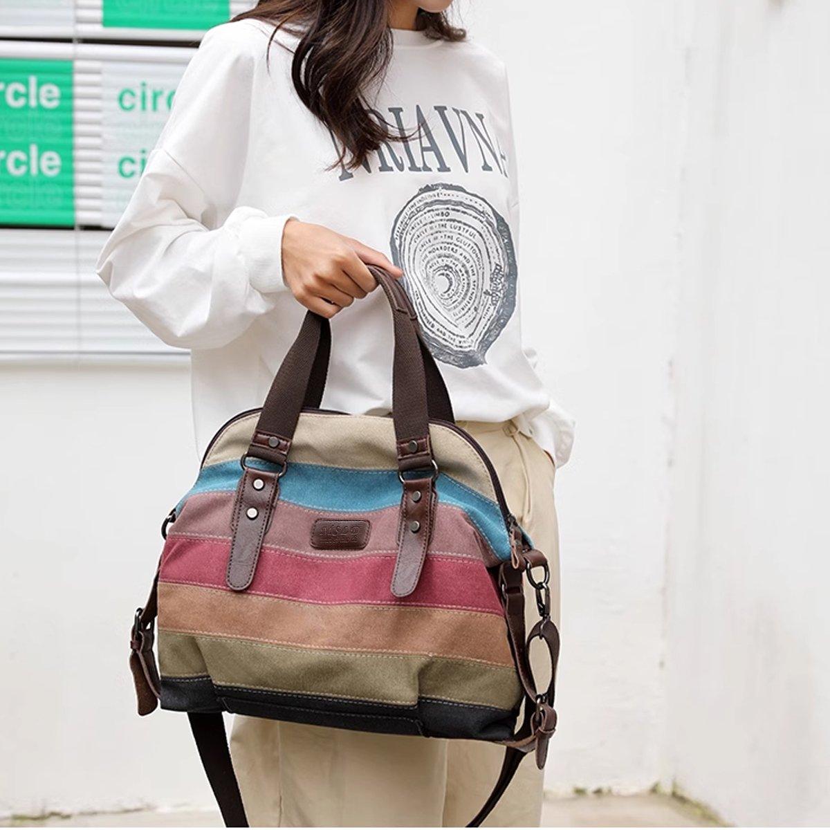 Rainbow Stripe Canvas Bag Patchwork Tote Bag Fashion Handbag Women Shoulder Bag V528-CANVAS-BAG-305884