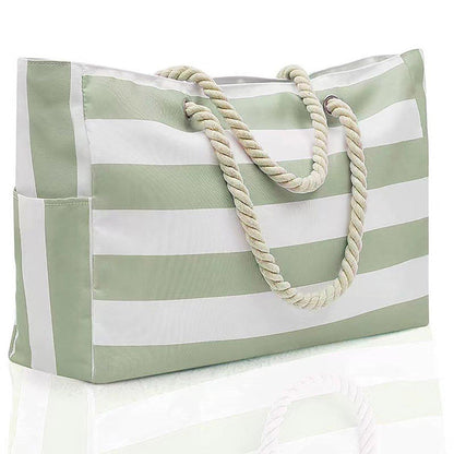 Large Bohemian Striped Canvas Beach Bag Zipper Tote for Travel Outdoor Vacation - Black V528-CANVAS-BAG-BLACK-549632