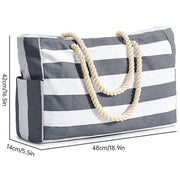 Large Bohemian Striped Canvas Beach Bag Zipper Tote for Travel Outdoor Vacation - Grey V528-CANVAS-BAG-GREY-283356