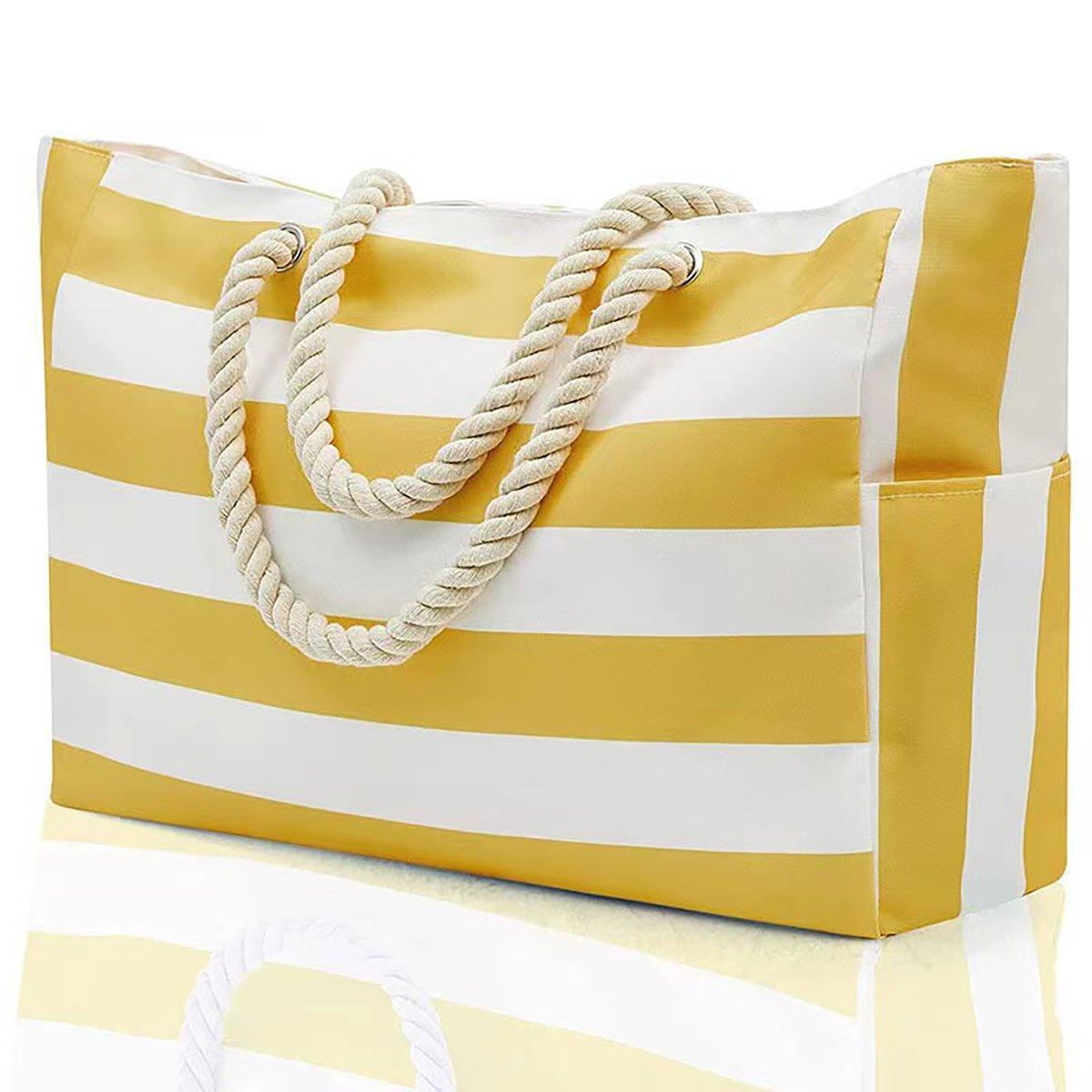 Large Bohemian Striped Canvas Beach Bag Zipper Tote for Travel Outdoor Vacation - Grey V528-CANVAS-BAG-GREY-283356
