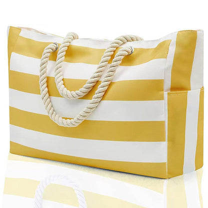 Large Bohemian Striped Canvas Beach Bag Zipper Tote for Travel Outdoor Vacation - Grey V528-CANVAS-BAG-GREY-283356
