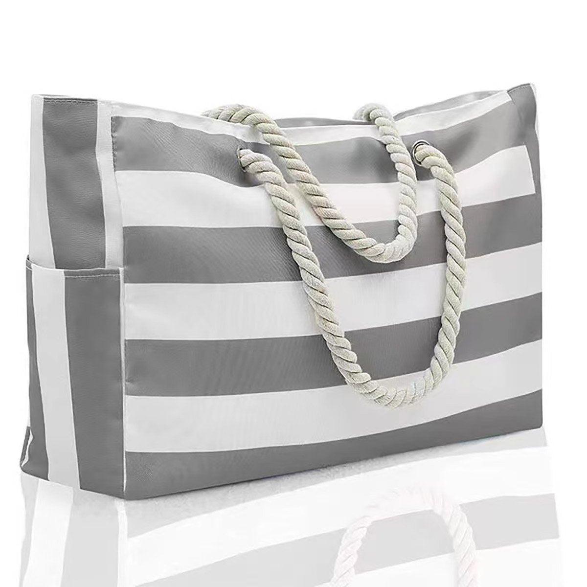 Large Bohemian Striped Canvas Beach Bag Zipper Tote for Travel Outdoor Vacation - Grey V528-CANVAS-BAG-GREY-283356