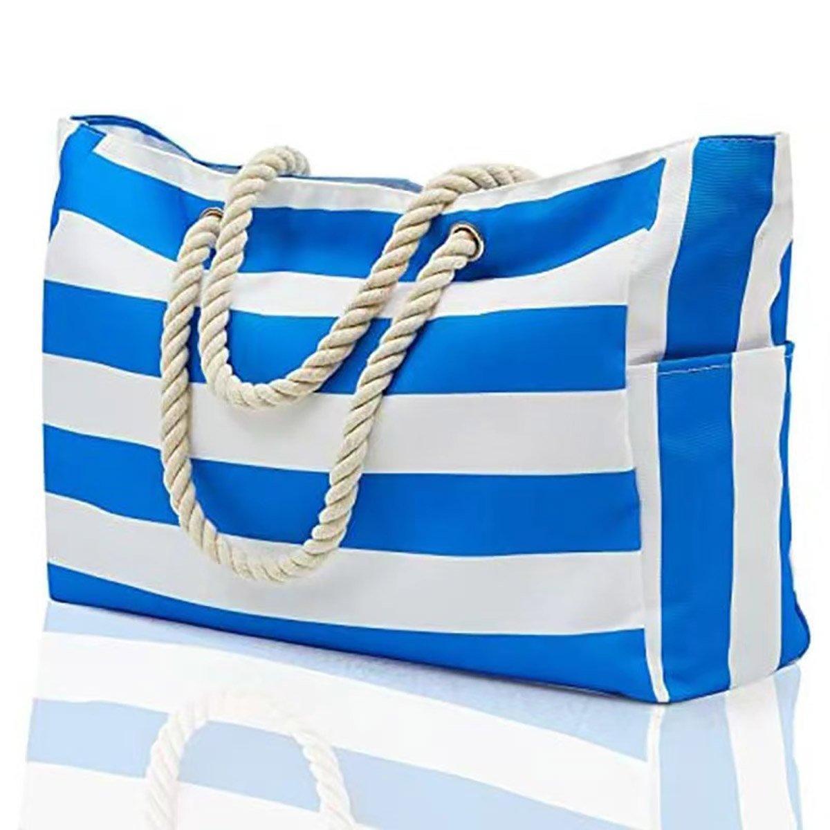 Large Bohemian Striped Canvas Beach Bag Zipper Tote for Travel Outdoor Vacation - Grey V528-CANVAS-BAG-GREY-283356
