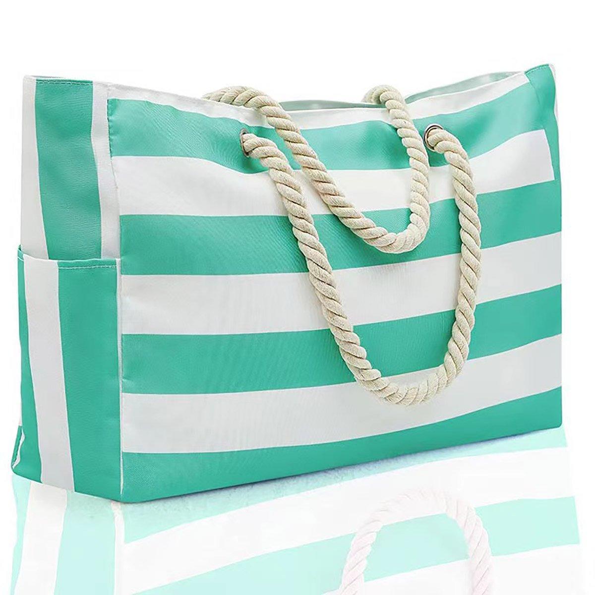 Large Bohemian Striped Canvas Beach Bag Zipper Tote for Travel Outdoor Vacation - Grey V528-CANVAS-BAG-GREY-283356