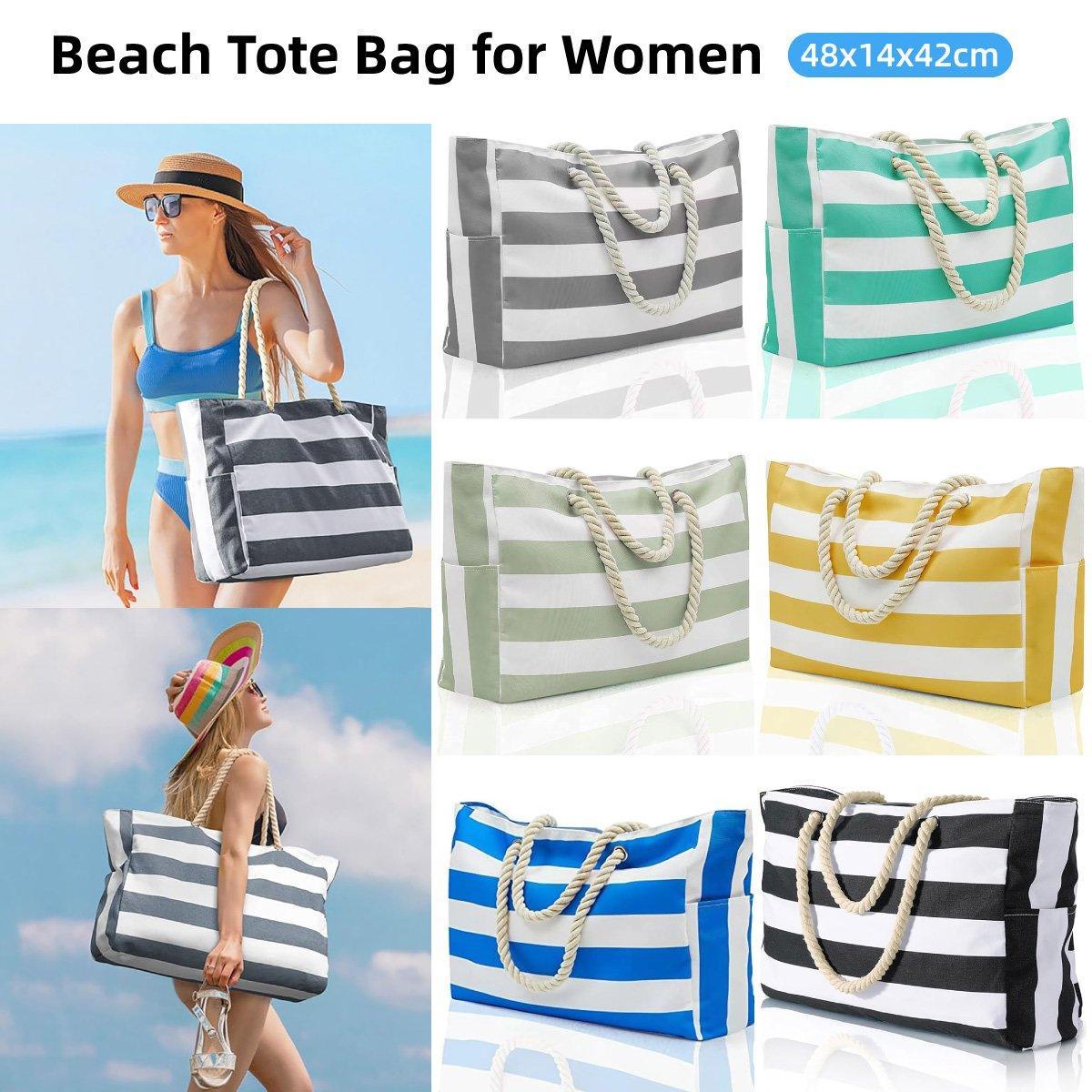 Large Bohemian Striped Canvas Beach Bag Zipper Tote for Travel Outdoor Vacation - Matcha V528-CANVAS-BAG-MATCHA-836954