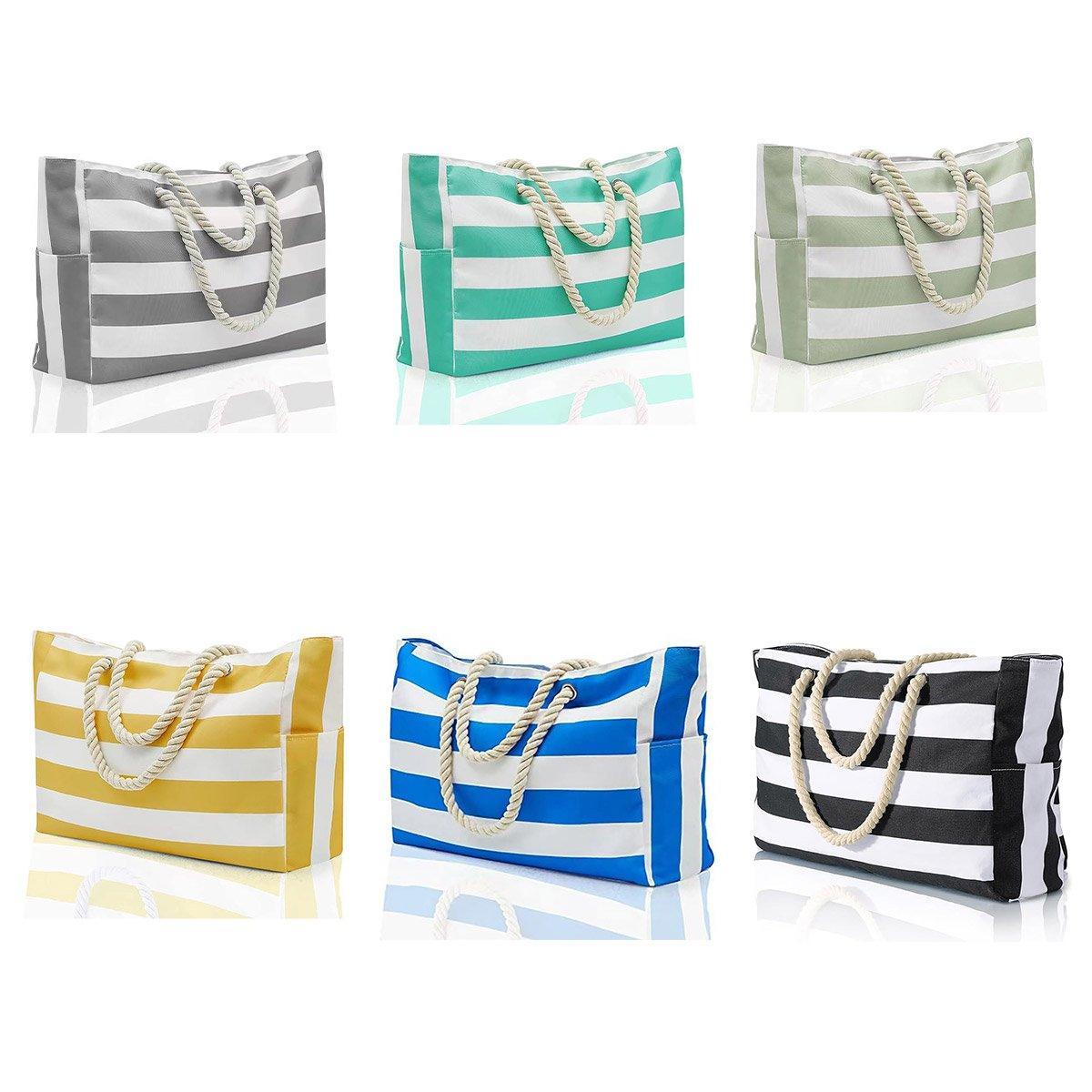 Large Bohemian Striped Canvas Beach Bag Zipper Tote for Travel Outdoor Vacation - Matcha V528-CANVAS-BAG-MATCHA-836954