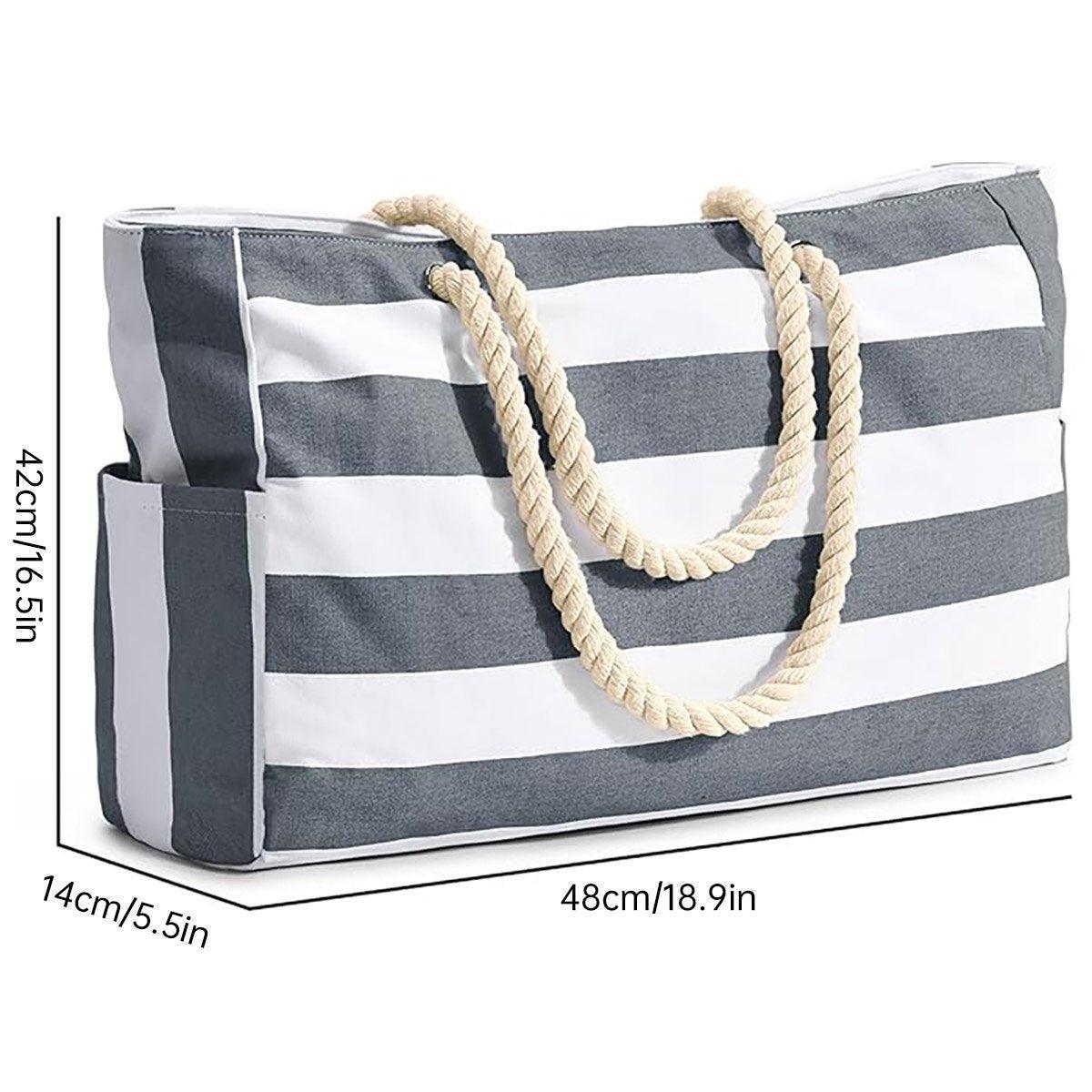 Large Bohemian Striped Canvas Beach Bag Zipper Tote for Travel Outdoor Vacation - Matcha V528-CANVAS-BAG-MATCHA-836954