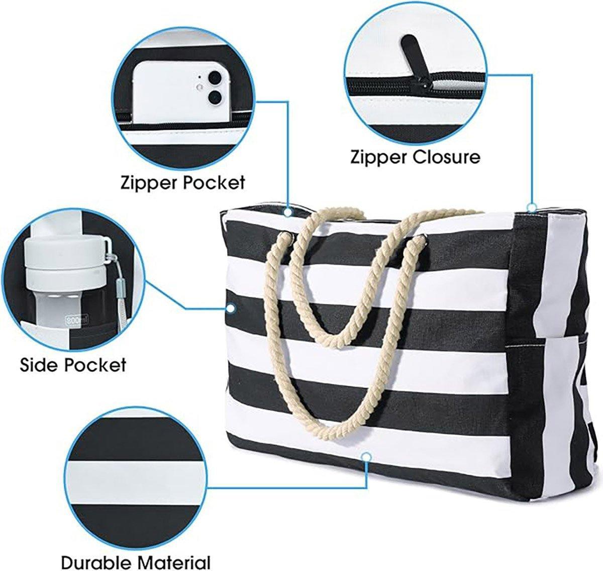 Large Bohemian Striped Canvas Beach Bag Zipper Tote for Travel Outdoor Vacation - Matcha V528-CANVAS-BAG-MATCHA-836954