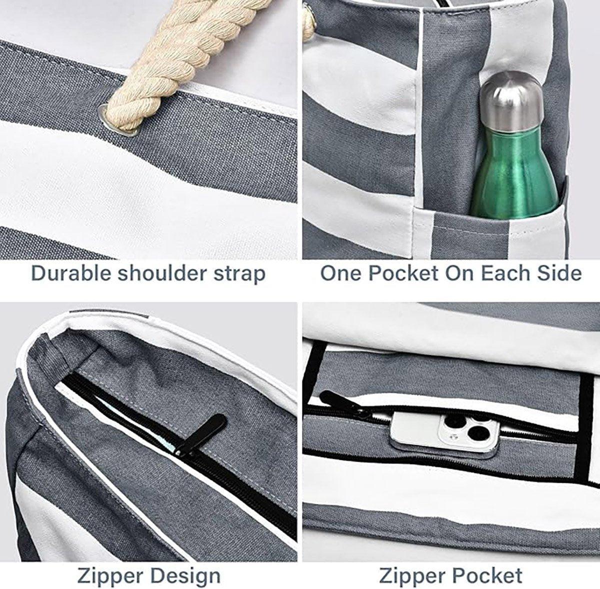 Large Bohemian Striped Canvas Beach Bag Zipper Tote for Travel Outdoor Vacation - Matcha V528-CANVAS-BAG-MATCHA-836954